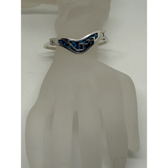 VINTAGE TAXCO MEXICO STERLING SILVER & TURQUOISE INLAY BRACELET LATCHING BANGLE - Picture 2 of 11
